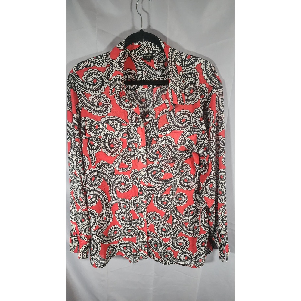 Rafaella Studio Womens Red Black Paisley Scroll Print Button Up Blouse Large